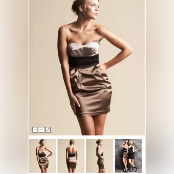 Perfect Condition- Bebe Satin Strapless Ruched Dress w/ Pockets- Gold- XS - Picture 1 of 5